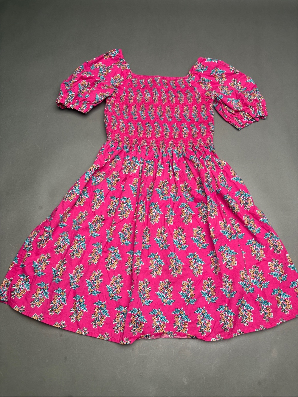 J. Crew Bright Pink Floral Smocked Puff Sleeve Dress